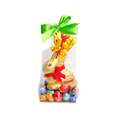 Sachet de Pâques Lindt composé de 12 Petits Oeufs et 1 LAPIN OR Lait 50g